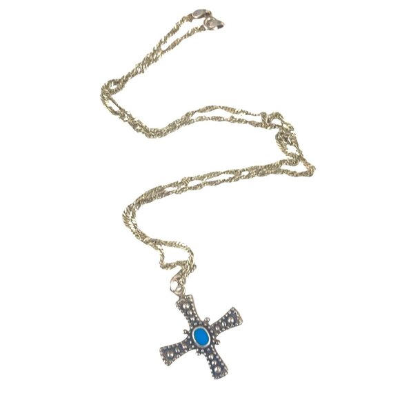 Sterling Silver Cross Pendant Necklace Turquoise Accent Intricate Detailing - Picture 2 of 9